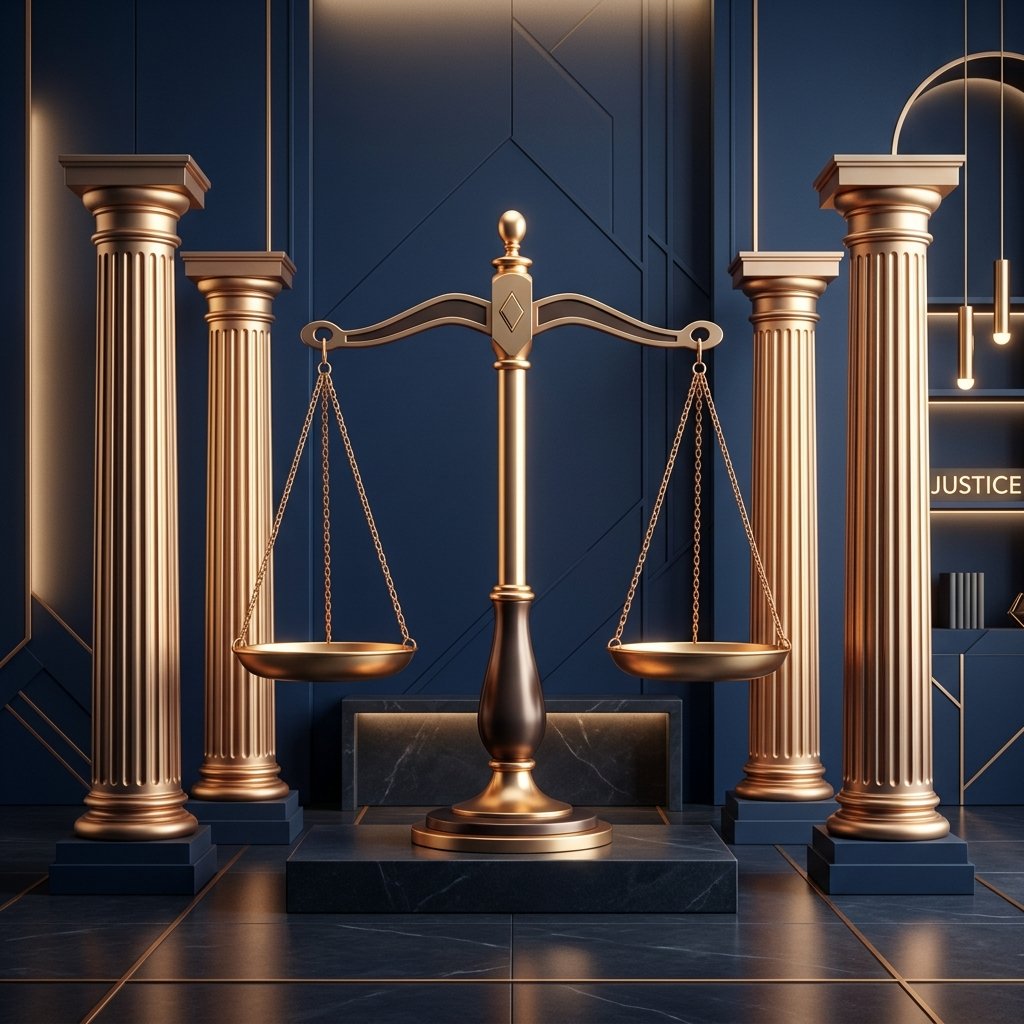 Balança da justiça e colunas clássicas em dourado e azul marinho, simbolizando o rigor e seriedade jurídica
